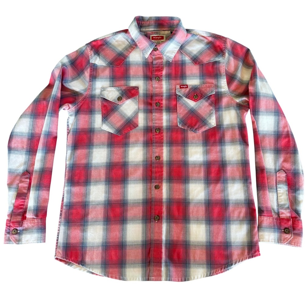 Wrangler Mens Red White Blue Plaid Western Long Sleeve Flannel Shirt Medium